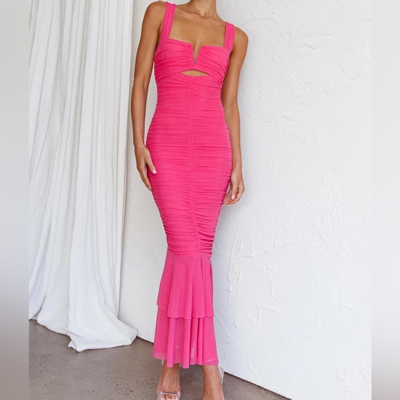 HERE COMES THE SUN Hot Pink Ruched Bodycon Maxi Dress. Never Worn. Size XS. Prom - Picture 4 of 5